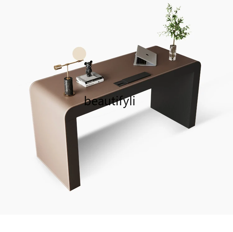 Italian Minimalist Home Study Office Desk Light Luxury Modern Saddle Leather Desk Computer Desk