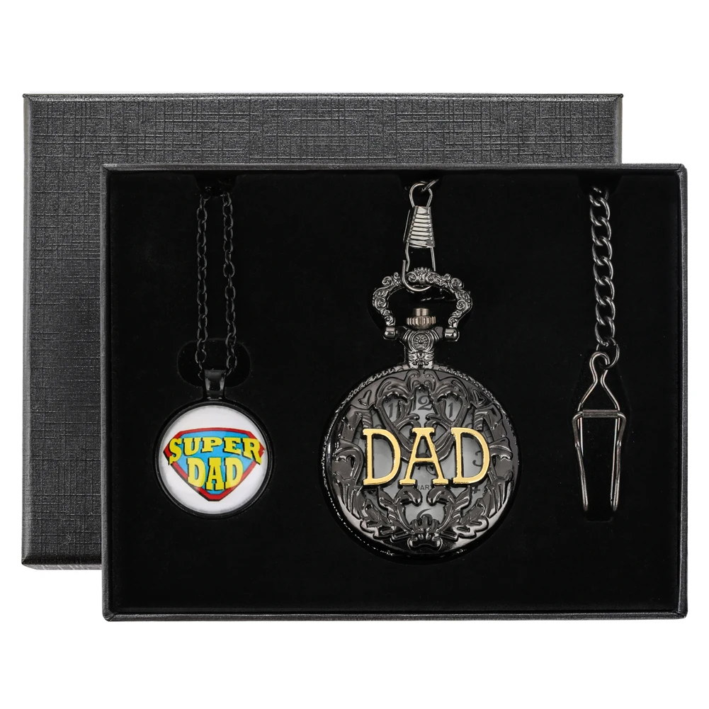Practical Exquisite Father's Day Gifts Super Dad Necklace Accessories Retro Quartz Pendant Waist Chain Clock Gift Box with Card