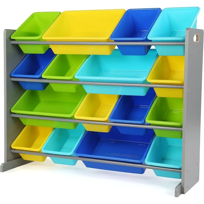 

Humble Crew Extra-Large Toy Organizer, 16 Storage Bins, Grey/Blue/Green/Yellow,15.5"D x 42"W x 35"H