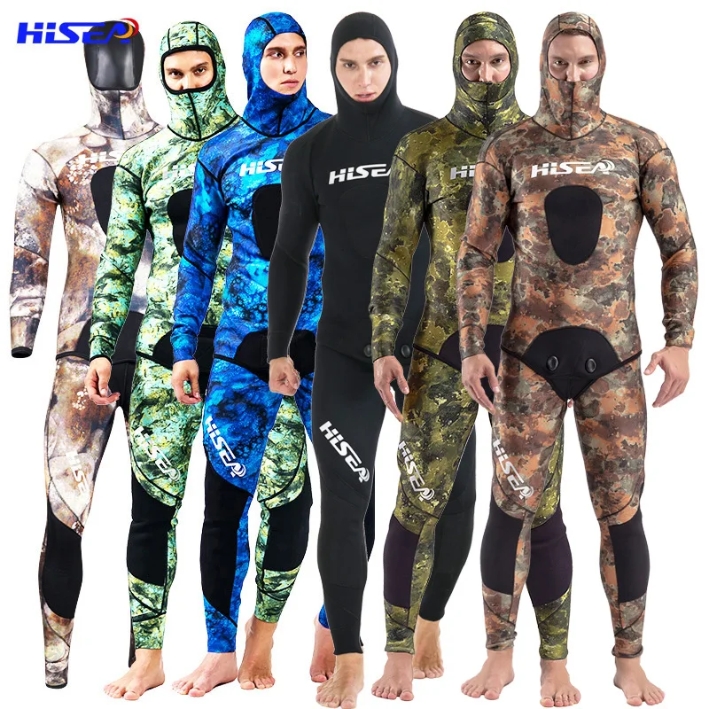 Men Camo Spearfishing Wetsuits 3.5mm CR Neoprene 2-Pieces Hooded Super  Stretch Diving Suit for Snorkeling, Surfing,Scuba Diving