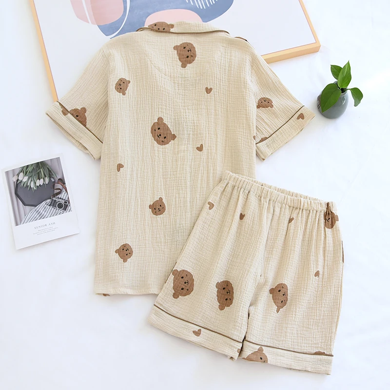 Summer Couple Pure Cotton Bear Love Cute Pajamas Set Sleepwear Female Short-Sleeved Pijama Suit Loungewear Crepe Ladies Pyjama, women pajamas set,women pajama suit,cotton pajamas set