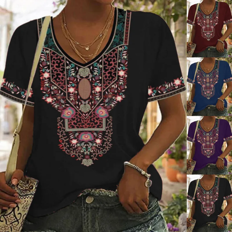 

Fashion National Style T-Shirt 2023 Women's Summer New Sexy V-Neck Loose Print Pullover Short Sleeve Oversized Patchwork Top