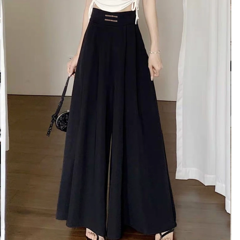 Summer New Solid Color Thin Ventilate Wide Leg Trousers Women High Street Casual Elastic Waist High Waist Pleated All-match Pant