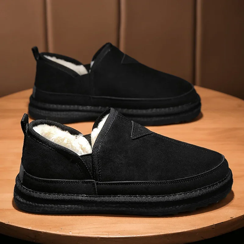 FipatbuMen's slipper genuine leather upper shearling lined sheepskin Insole memory foam slip on warm house shoes rubber outsole