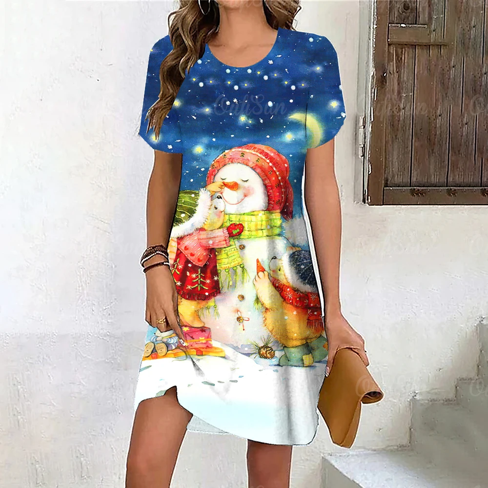 

Snowmen Print Dress Women Cute Christmas Snowflake Evening Dress Winter Short Sleeve Mini Dresses Fashion Casual Party Clothes