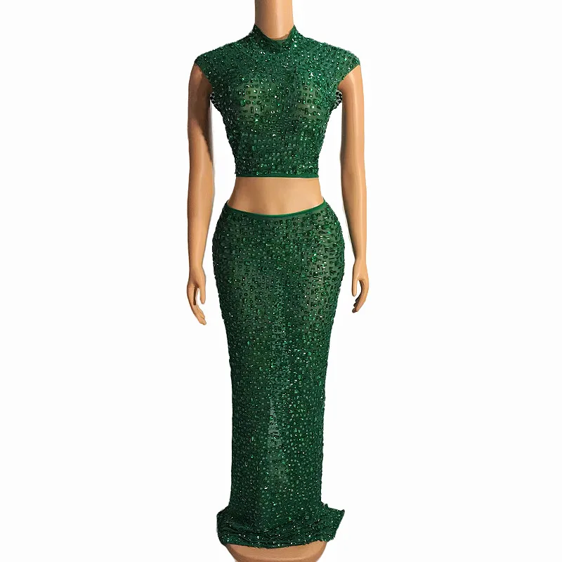 Elegant Sexy Rhinestone Two-Piece Set Evening Dress for Women Elastic Wedding Birthday Celebration Sexy Rhinestone Dress