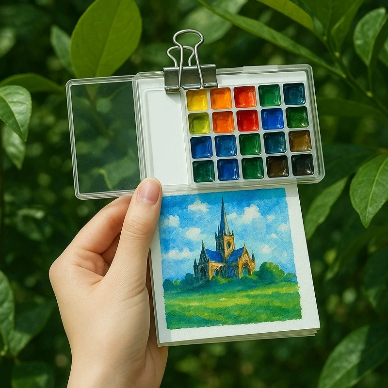 15/8 Compartments Paint Tray, 1 Paint Brush, and a Watercolor Sketchbook, 12 Colors Pigment, 1 Clamp - Perfect for On-the-Go Art - 5