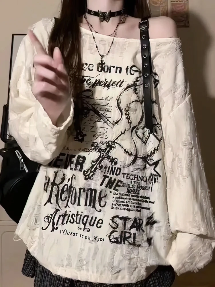 Vintage Y2K Oversized Off-Shoulder Hip Hop T-Shirt - Baggy Long Sleeve Womens Top