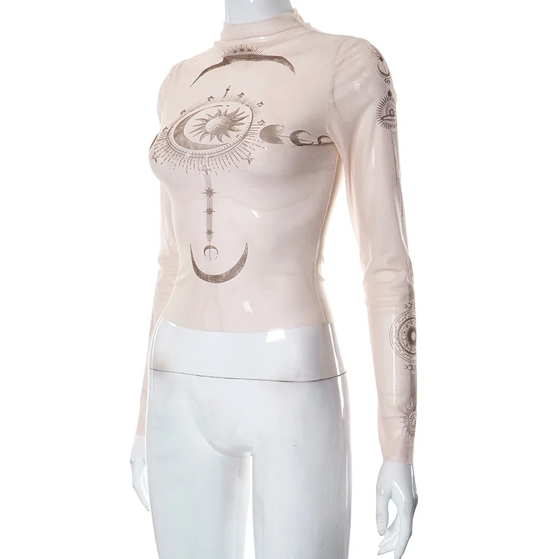 Long Sleeve Mesh Women T Shirt Streetwear Printing Y2k Accessories See Through Vintage Clothes Sexy Fashion Hot Ropa Mujer