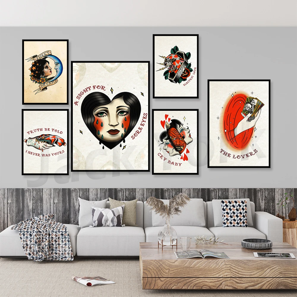

Illustration art print American neo-traditional tattoo, tattoo parlor decoration