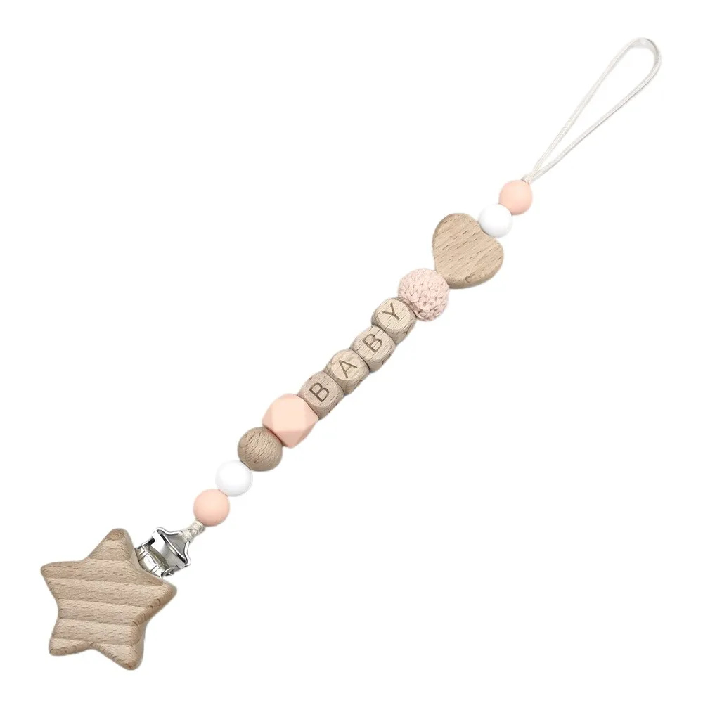 Star Customized Baby Pacifier Clip Chain Personalized Name Silicone & Wood Beads, Baby Anti-Lost Soother Holder