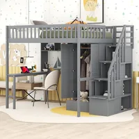 Bunk Bed,Full Loft Beds Stairway Loft Bed Frame with Wardrobe, Desk, Bookcase and Drawers, Solid Wood Bunk Beds 1