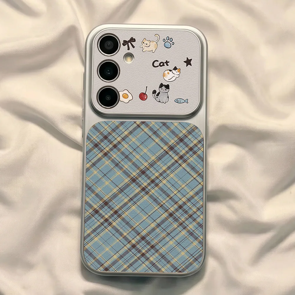 Cute Cat Soft Plaid Shockproof Phone Case - Blue & Yellow Preppy Style