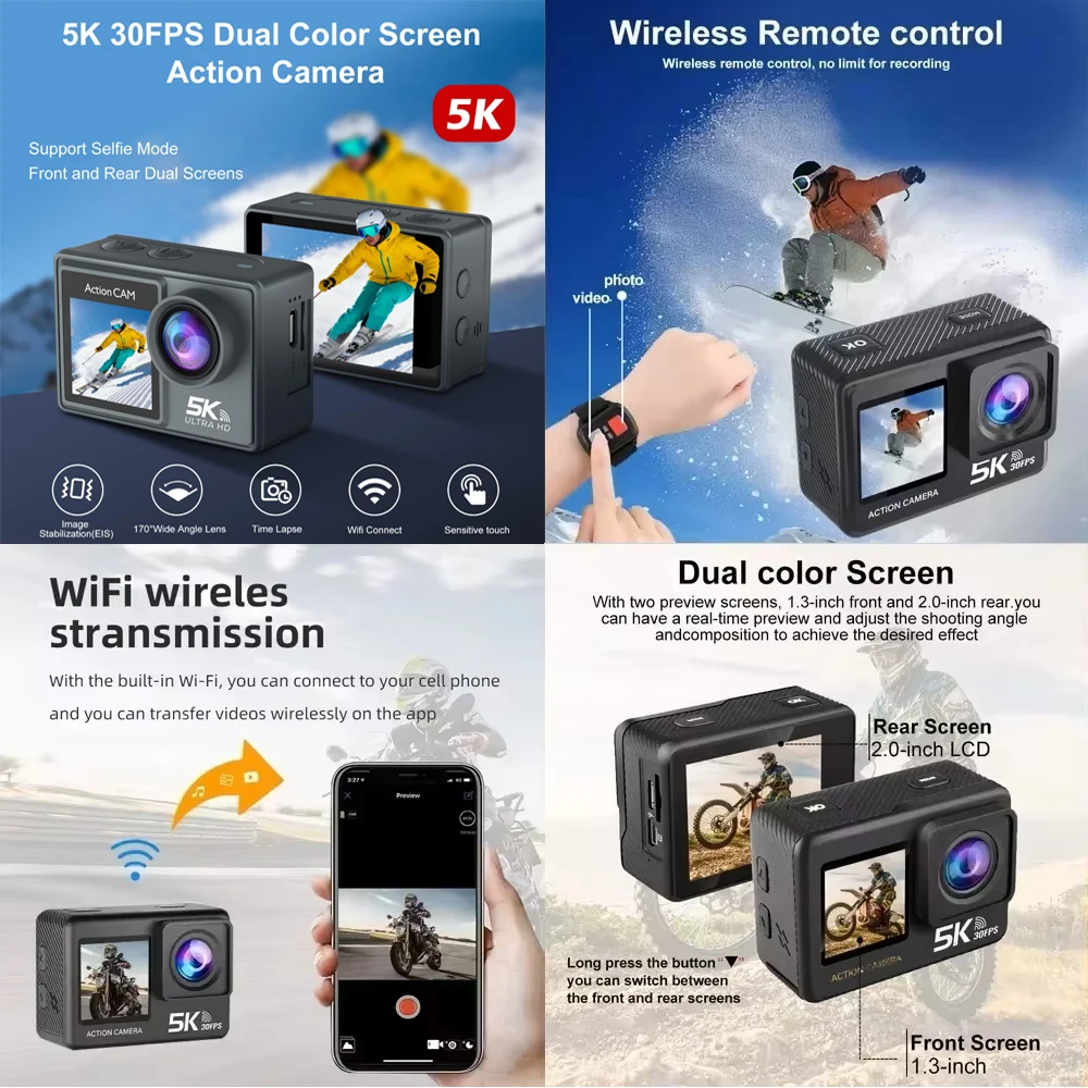 Caméra d'action ANSVICAM 5K EIS avec télécommande, posée sur une table, à côté d'un smartphone affichant l'application WiFi