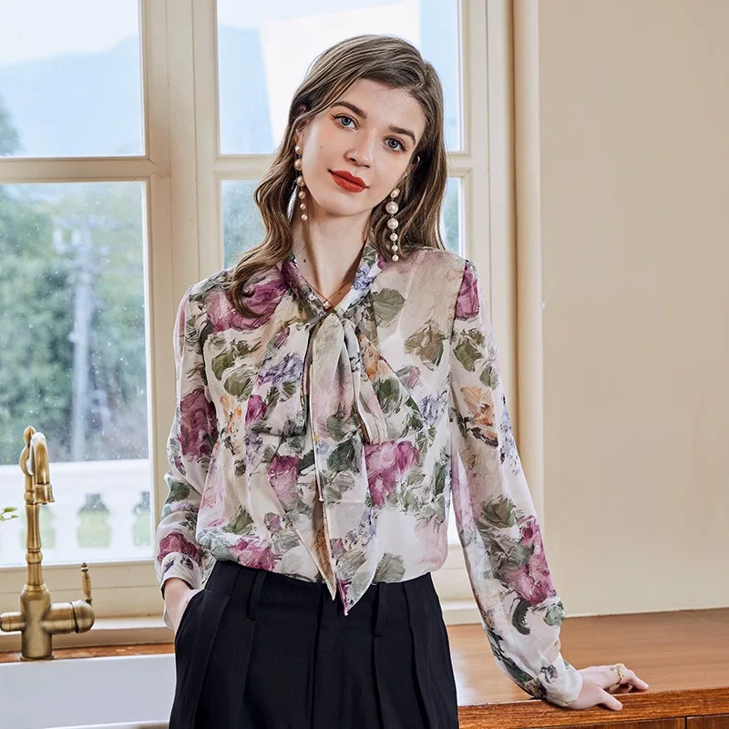 

Women's Blouses Tops Silk Floral Office Formal Casual Dress Shirts Plus Large Size Spring Summer Sexy Haut Femme Rose Flower