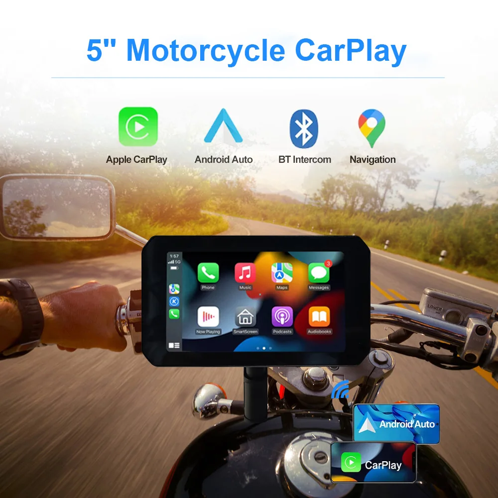 Portable Motorcycle Navigator 5 Inch Touch Screen IPSX7 Wireless Apple Carplay Android Auto Portable Waterproof Navigation GPS