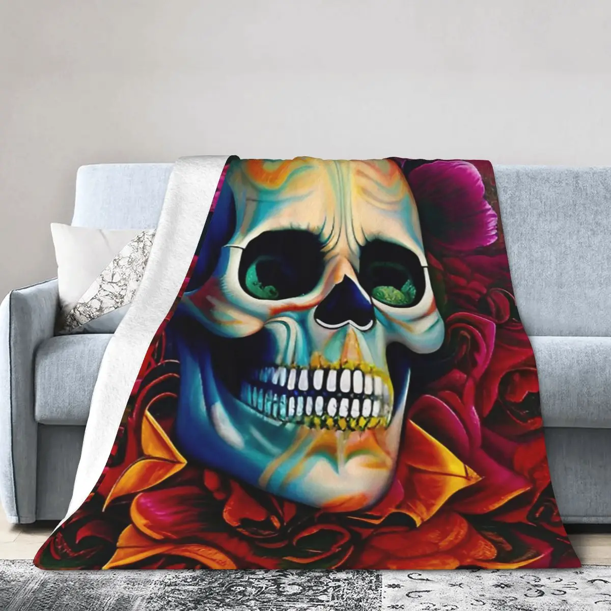 

Skull With Red Pink Floral Roses Bed Blanket Flannel Blanket Flannel Blanket Air conditioning blanket