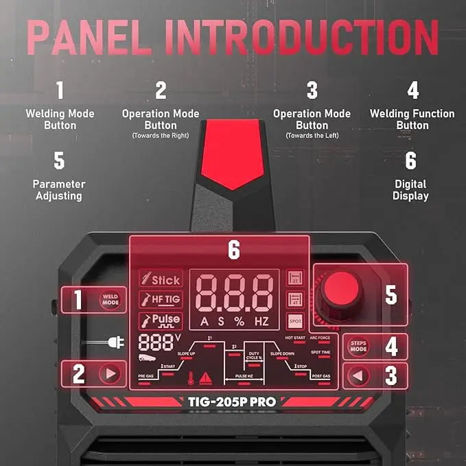 TIG Welder With Pulse 205Amp Large LED Display STICK/DC TIG/PULSE TIG 3 In 1 110&220V Dual Voltage Welding Machine TIG-205P
