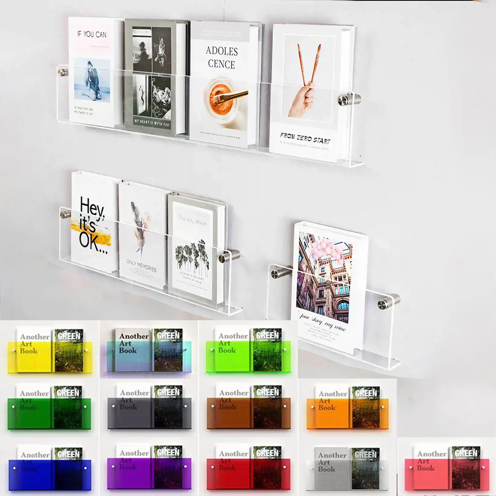 30/40/50cm Acrylic Brochure Holder Wall Mount Hanging Bookshelf
