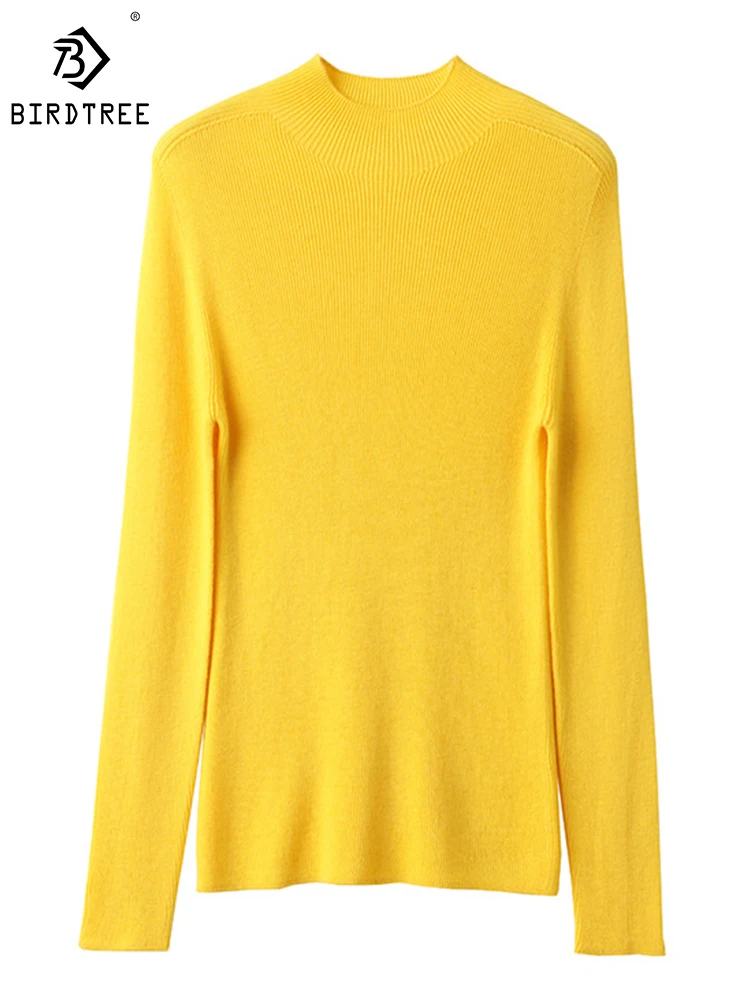 

5.1% кашемировый пуловер Birdtree, женский тонкий Однотонный пуловер с длинным рукавом и полувысоким воротом, удобная мягкая трикотажная одежда, новинка весны 2024 года, T42142QD