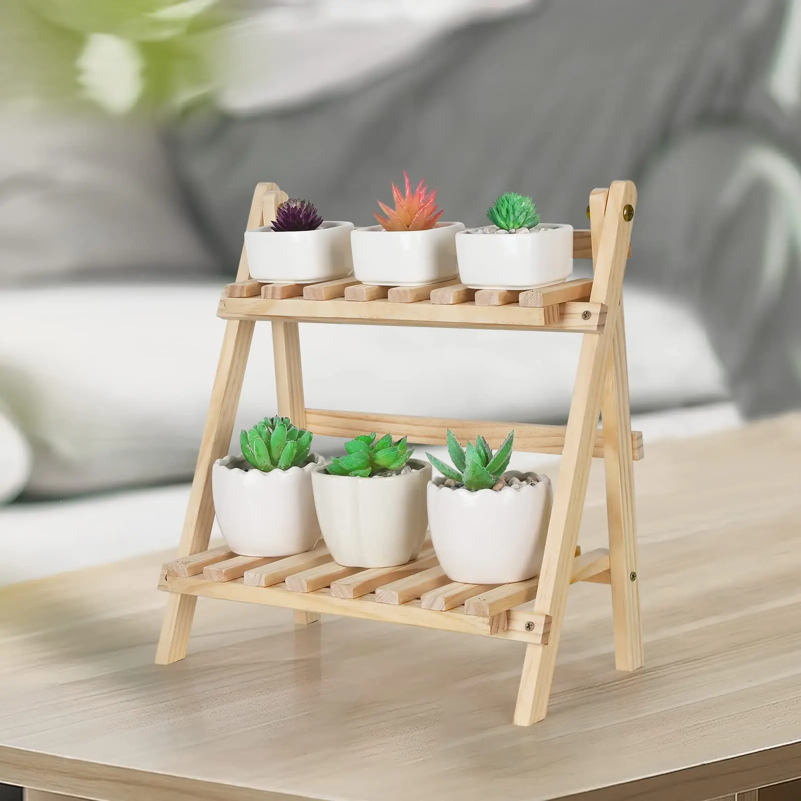 Wooden Storage Shelf 2-Tiers Desktop Organizer Shelves Trapezoidal Desk Display Racks Desktop Stationary Office Storage Racks