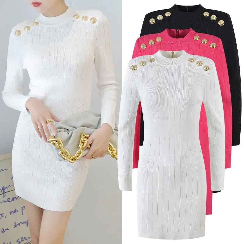 

Lion Buttons Dresses for Women 2022 Luxury Designer Elegant O-neck Long Sleeve Mini Knitted Sweater Dress Pink Vestidos De Mujer