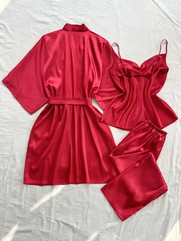 طقم بيجامات نسائية مكون من 3 قطع برقبة على شكل حرف V بلون سادة وبيجامة رسن من البوليستر طقم بيجامات نسائية 2