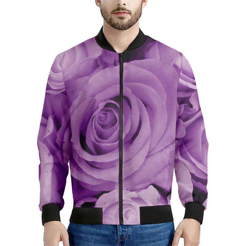 Chaqueta con cremallera y estampado de flores de rosas para hombre, abrigo con estampado floral en 3D de plantas, chaquetas informales de gran tamaño, ropa de calle, mangas largas