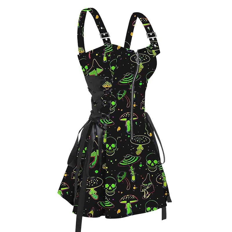 

2024 New Summer Dresses Galaxy Skull Mushroom Print Lace Up Mini Dress Half Zipper Adjustable Buckle Strap Dress