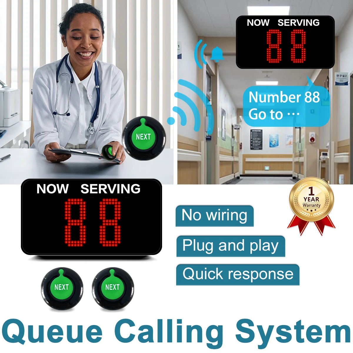 Ycall Take A Number Device Queue Wireless Calling System with 1 Token Display 2 Next Call Button 1 Ticket Dispenser Paper Roll