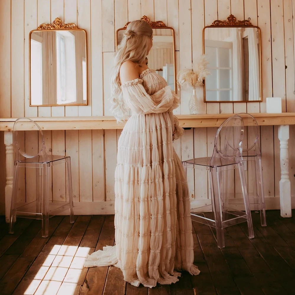 2 in 1 Maternity Photo Shoot Outfit Boho Style Off-the-Shoulder Chiffon Pregnancy Photography Dress Set