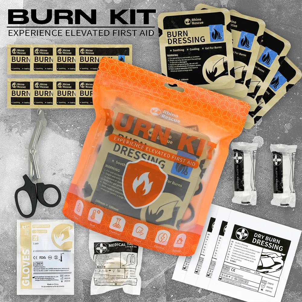 Набор RHINO RESCUE для оказания помощи при ожогах: ожоговые повязки, пакеты с охлаждающим гелем, охлаждающий крем, набор первой помощи при ожогах.