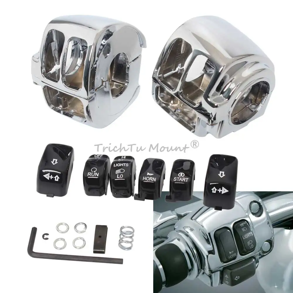 

For Harley Dyna Sportster Softail Motorcycle Handlebar Control Chrome Switch Housings Cover and Black Switch Cap Buttons Kit