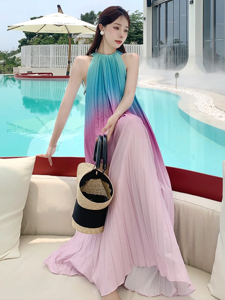 

Dress for Women Elegant Strapless Halter Summer Loose Fashion Vacation Gradient Large Pendulum Sandy Beach Pleats Sexy Dress