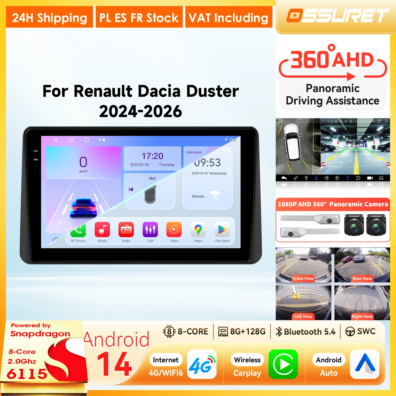 Radio de coche Android 2DIN con Bluetooth para Renault Dacia Duster 2024 - 2026, reproductor multimedia inalámbrico para coche, reproductor de vídeo, navegación GPS, estéreo, cámara 360, RDS, DSP, unidad principal de 6115 Octa Core 1