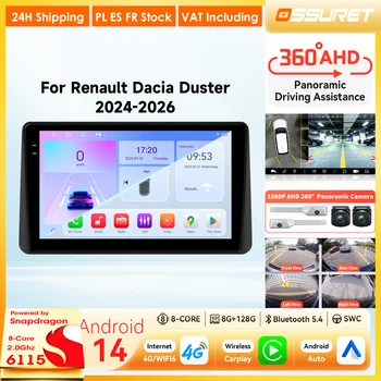 Radio de coche Android 2DIN con Bluetooth para Renault Dacia Duster 2024 - 2026, reproductor multimedia inalámbrico para coche, reproductor de vídeo, navegación GPS, estéreo, cámara 360, RDS, DSP, unidad principal de 6115 Octa Core 1
