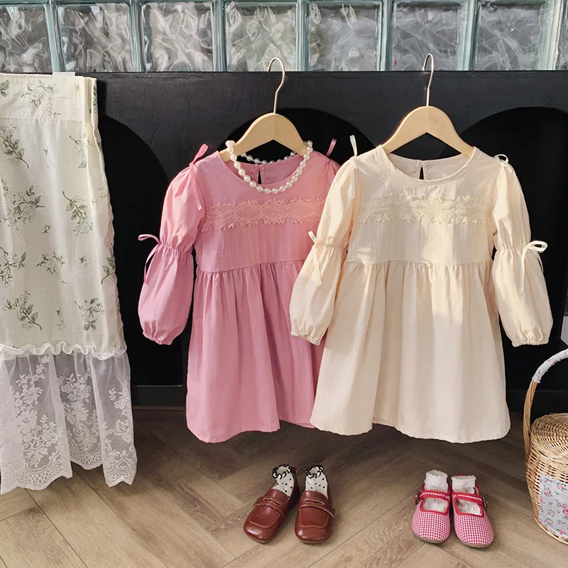 

South Korea Children's Wear Bow Lace Puff Sleeve Girls' dress 2023 Autumn Round Neck Long Sleeve Princess Dress