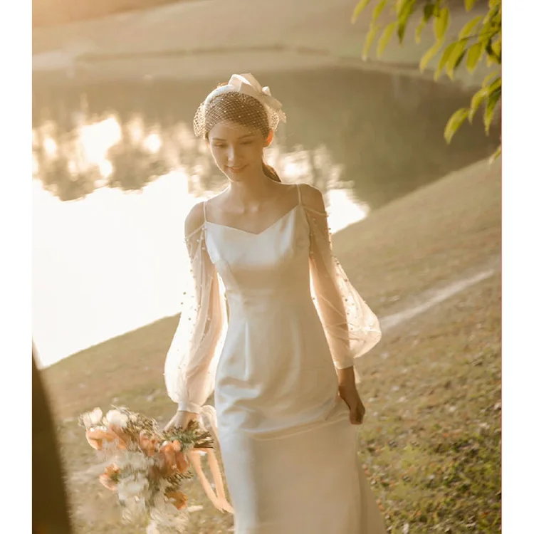 

Kimutomo Peal Mesh Long Sleeve Satin Dress Simple Design V Neck Sleeveless Fairy Wind Wedding Dresses French Style Vestidos