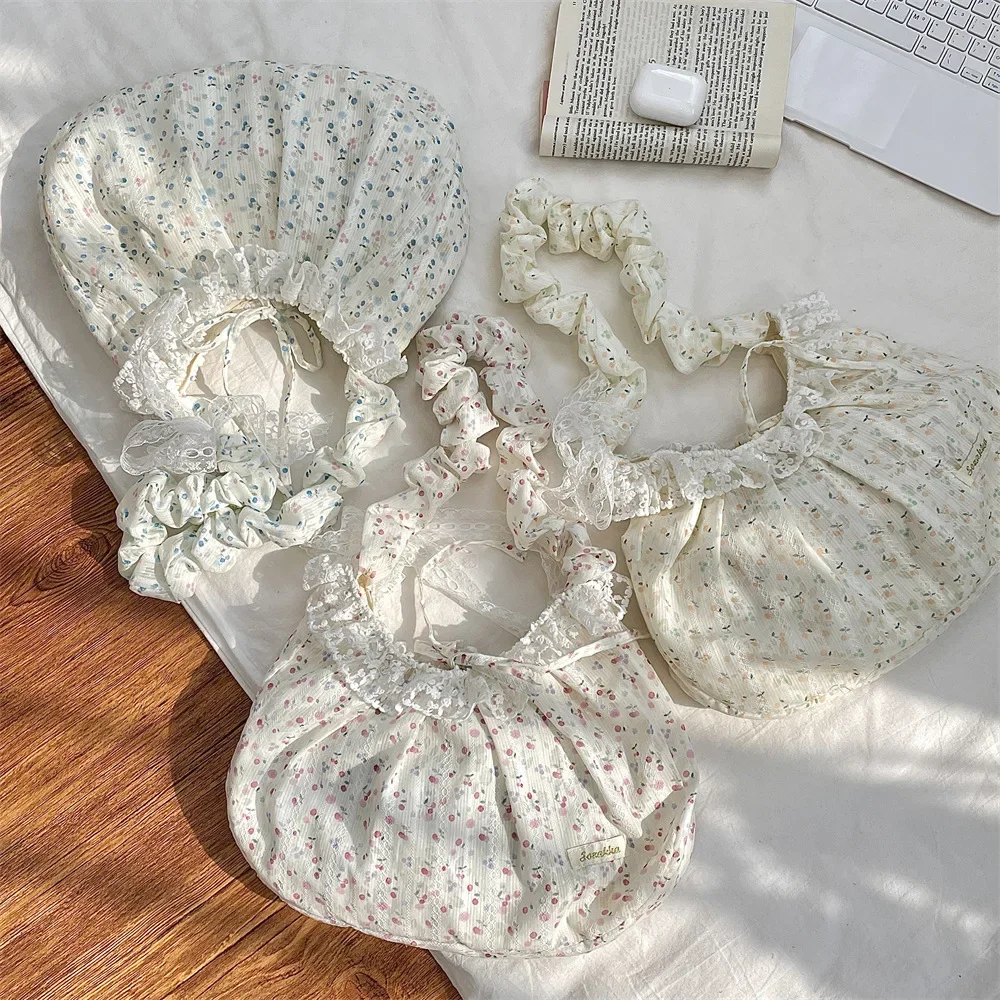 Elegant Sweet Fresh Lace Handbag Bowknot Underarm Bag Floral Pleated Shoulder Bag Pastoral Style Cloth Dumpling Bag Shopping