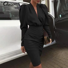 

Celmia 2022 Fashion Gigot Sleeve Mini Vestidos Elegant Waisted Celebrity Shirring Dress Sheath Bodycon Sexy V Neck Party Dresses