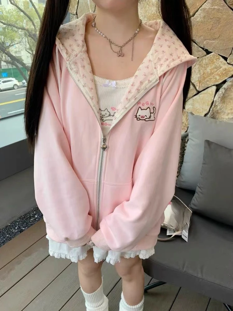 2000s American Vintage Polka Dot Sweatshirts New Spring Fashion Letter Print Hooded Women Y2k Sweet Loose Casual Jacket 2026 New