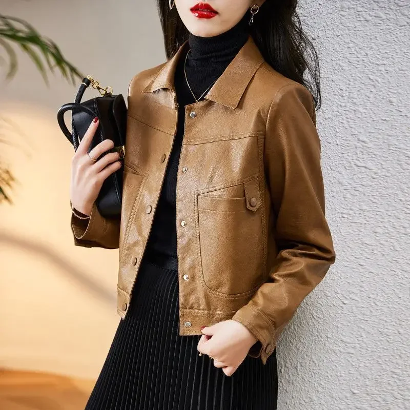 1pcs Womens Short PU Leather Jackets Coat 2024 Autumn New Faux Fur Single Breasted Splicing Ladies Skinny Locomotive Small Coats