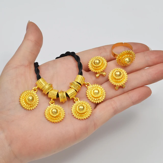 Anniyo New Ethiopian Jewelry Sets Black Rope Earrings Rings African Ethnic Eritrean Habesha Engaged Accessories #195716 3