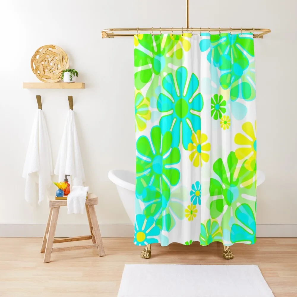 

60's Retro Groovy Mod Flowers in Blue, Green and Yellow Shower Curtain Bathroom For Shower Curtain
