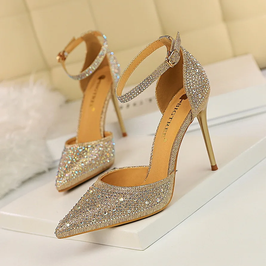 

Sweet Black Gold High Heels Stiletto High Heels Shallow Mouth Pointed Toe Hollow One Word With Shiny Rhinestones Women's Sandals