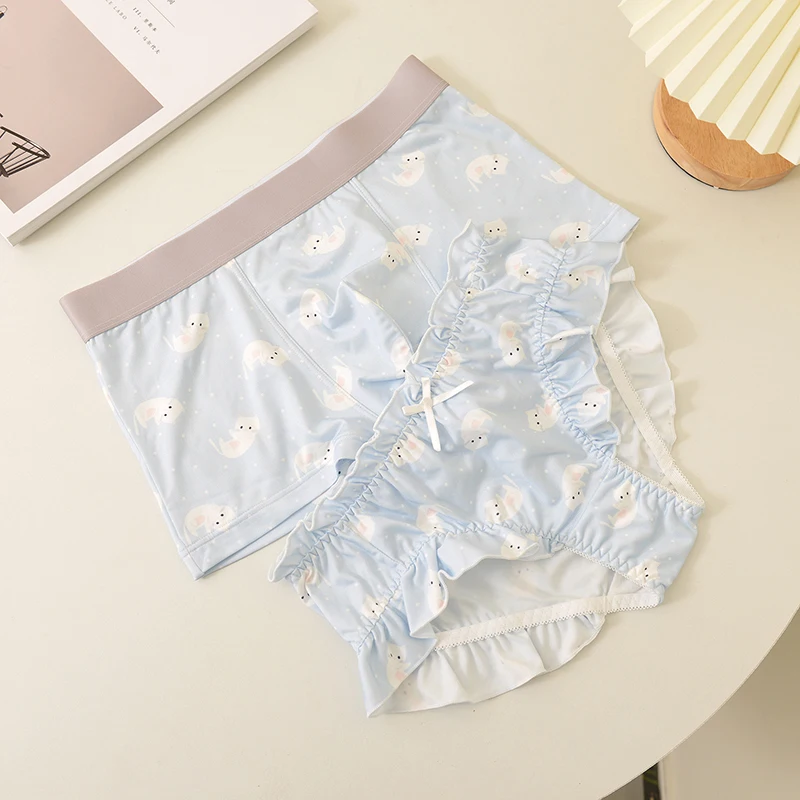 2PCS Kawaii Couple Women Men Sexy Lace Panties Boxers Shorts Briefs Boys Girls Mesh Lingeries Femme Underpants Lovers Ropa Mujer