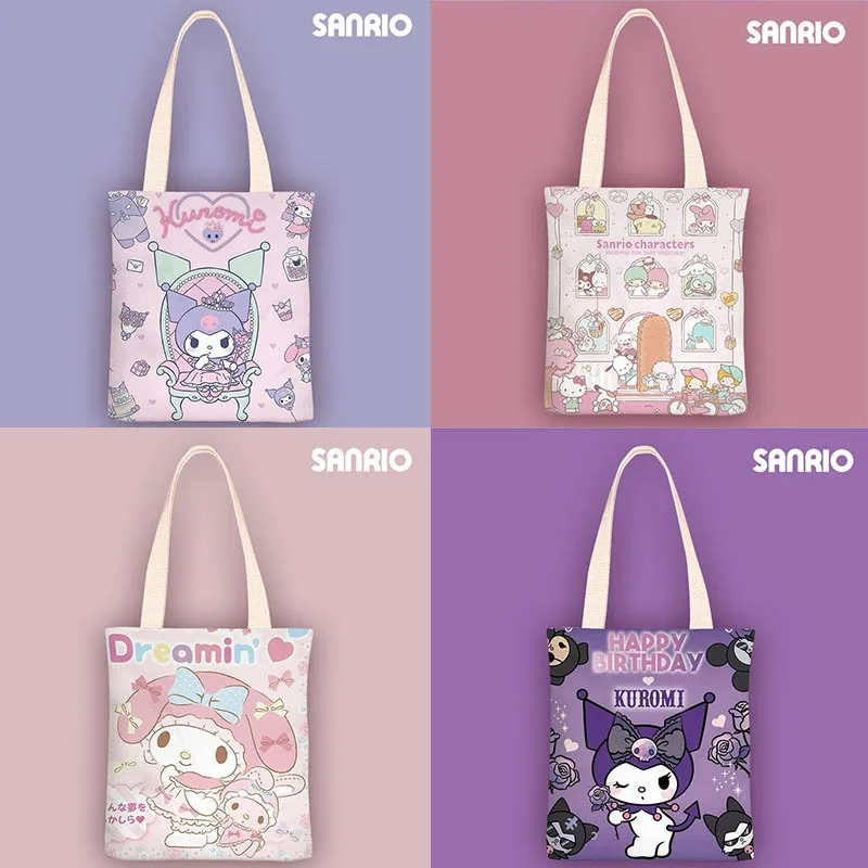 

New Sanrio Women's Canvas Handbags Anime Cinnamoroll Kuromi Hello Kitty Print Tote Bags Girls Multifunctional Shopping Bag