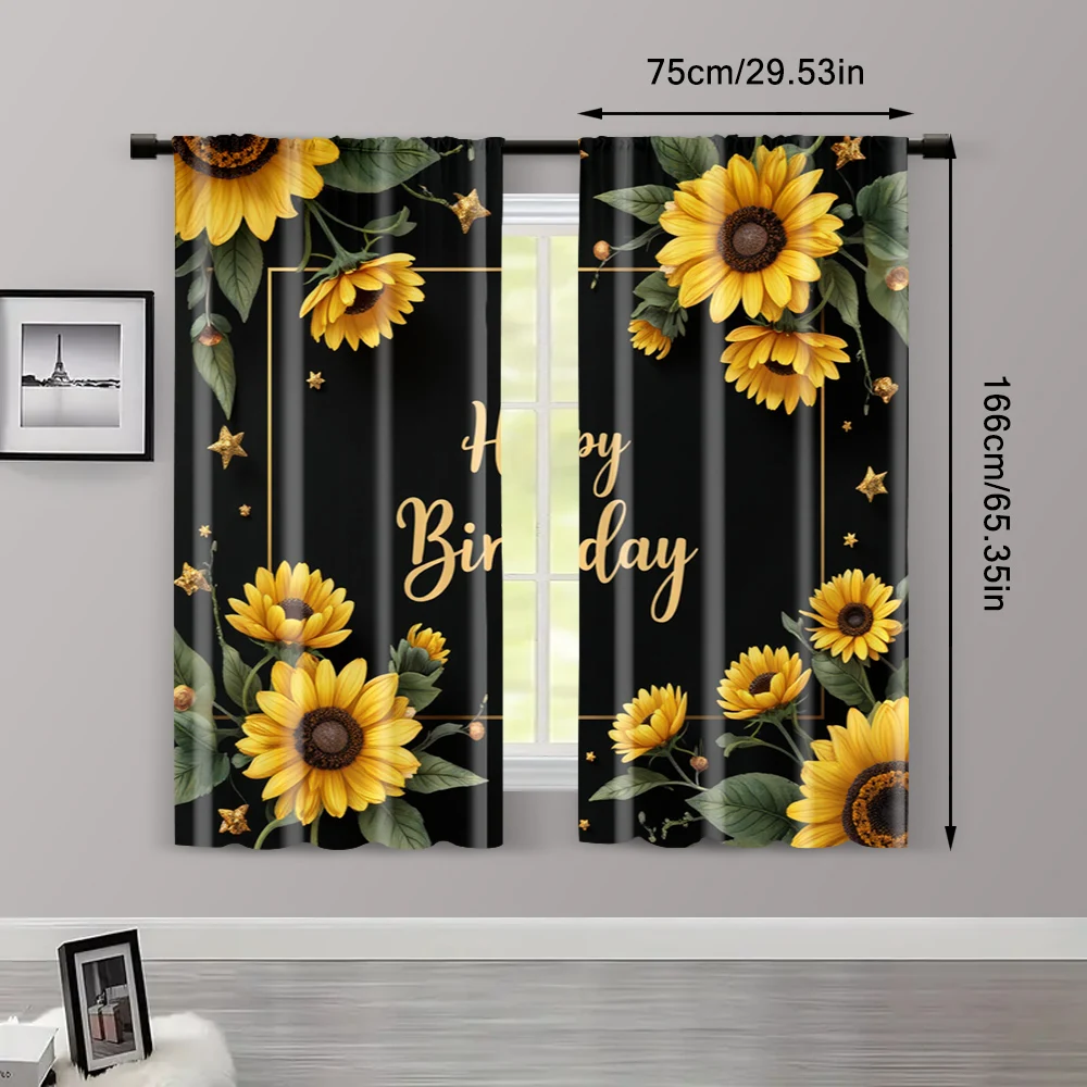 2pcs, Curtains Digital Printed 2D print Sunflower Happy Birthday Durable 100% Polyester Fabric (without rod) Room Decor Use for 3
