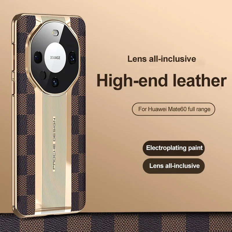 Luxury Checked Leather Phone Case For Huawei Mate 60 Pro 50 Pro 40 Pro 30 Pro Shockproof Protective Cover Lens Glass Film