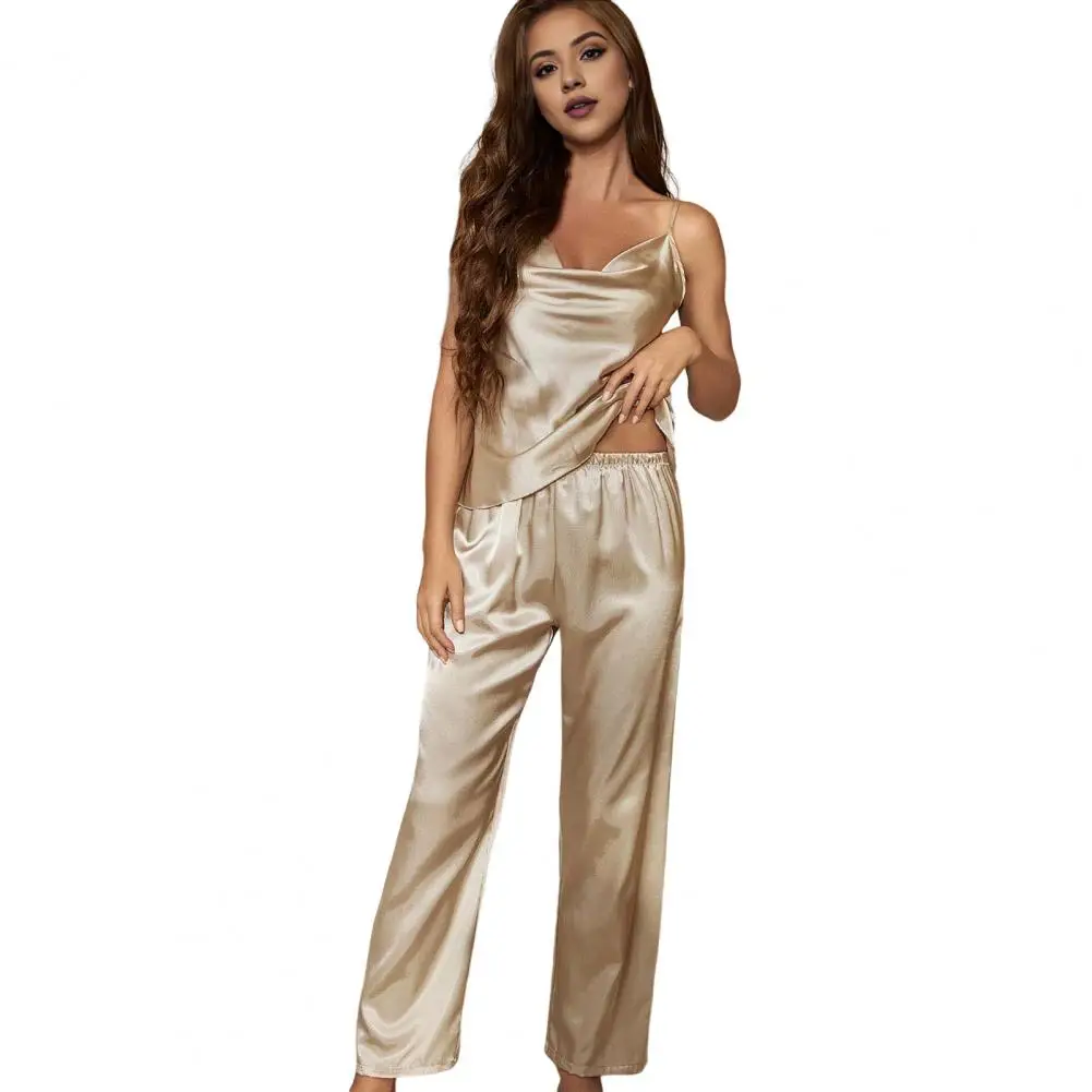 

Women Milk Silk Pajama Set Women's Summer Pajama Set with Ice Silk V Neck Top Elastic Waist Pants Breathable Loungewear for Lady